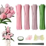 Pfeifenputzer Blumen Set, Pfeifenreiniger Zum Basteln, Pipe Cleaner Flower Set, Pfeifenreiniger Blumen, Mit Grüne Blumenstöcke, Klebebandrollen, Bänder, Staubgefäße Etc, Für DIY Basteln Und Dekorieren