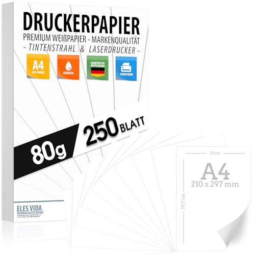 250 BLATT Druckerpapier A4 80g weiß – PREMIUM PAPIER Reinweiß - DIN A4-21 x 29,7 cm - Kopierpapier, Laserdrucker & Tintenstrahl für Uni, Fotografie, Präsentationen, Basteln - Ideal für Kopiergeräte