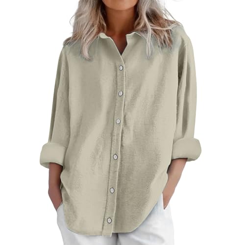HUIFUAO Leinenhemd für Damen, langärmelig, Damen-T-Shirt, Übergröße, schwarze Bluse, Basic, lässig, Button-Down-Top, Tunika, A02 beige, M