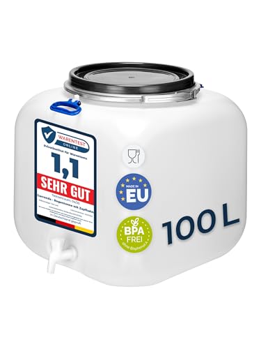 Garronda 100 Liter Regentonne Fass Behälter mit Deckel Auslaufhahn Weithalsfass quadratisch Wassertank Regenfass für Garten Sauerkrautfass Pökelfass für Fleisch Weinfass Surfass GD-0089, Weiß