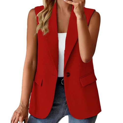 Blazer Damen Sportlich Elegant Ärmellos Weste Einfarbig Anzug Jacke Open Front Longblazer Büro Anzugjacke Knöpfen Leichte Anzugweste Revers Sweatblazer Sakko Freizeit Business Jackett mit Taschen