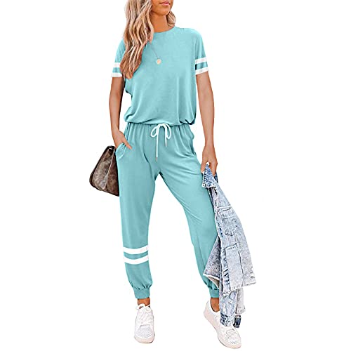 Litthing Damen Trainingsanzug Jogginganzug 2 Stücke Set Kurzarm Top/Hose Freizeitkleidung Sportswear für Running Yoga Gym (Blau, M)