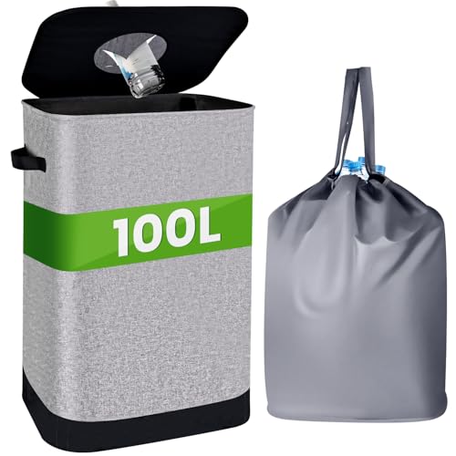 AIUNAOM Pfandflaschen Sammelbehälter, 100L Groß Flaschensammler Leergut mit Deckel & Innenbeutel, Pfandflaschen Behälter Pfandsammler für Haushalt, Küche