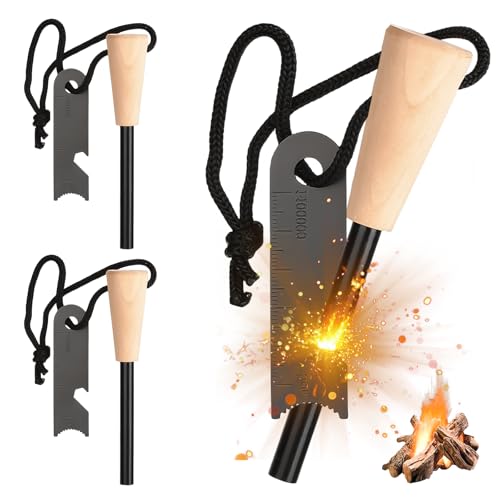 3 Stück Feuerstahl: Survival Feuerstein, Feuerstarter Set mit Paracord Zunder, Feuerstein mit Extrem Starker Funkenflug, Feuerstarter Geeignet für Camping, Outdoor, Bushcraft und Survival