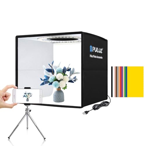 PULUZ Fotobox Miniaturen 25x25cm, Faltbares Mini Fotostudio Set mit 112 LED-Leuchten CRI >95 & 6 Arten Doppelseitiger Farbhintergründe für kleine Produktfotografie