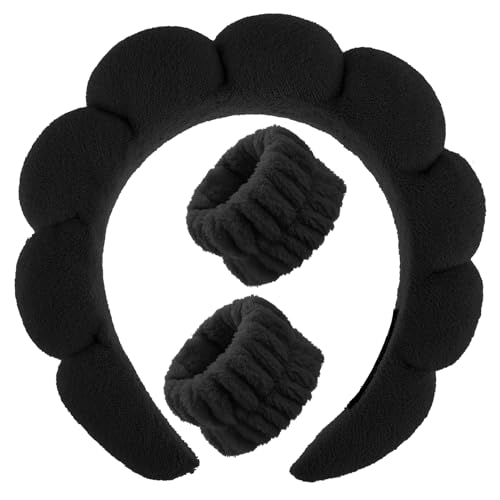 WLLHYF Spa-Stirnband Armband-Set Waschen Gesichts Schwamm Make-up Hautpflege Haarband Weiches Handtuch Tuch Kopfbedeckung Geschwollenes Rutschfestes Gepolstertes Haar-Accessoire Sport (Schwarz)