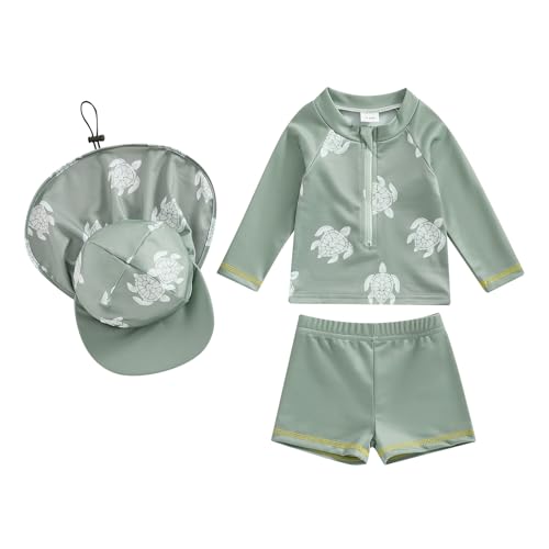 Baby-Badeanzug für Jungen, 3-teilig, UV-Schutz, Langarm-T-Shirt + Badeshorts + Sonnenhut, Badeanzug, Schwimmbad, Strand, Schildkrötengrün, 18- 24 Monate