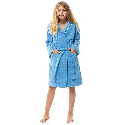 Twinzen Bademantel Kinder & Teenager mit Kapuze 100% Öko Tex Baumwolle, Kinder Bademantel für Jungs 13-14 Jahre Blau Frottee Extra weicher und saugfähiger Bademantel Teenager