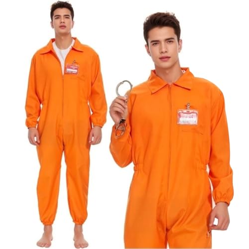 DAJASD Gefängnis Kostüm Orange, Häftling Kostüm Herren Damen, 165-180cm Sträfling Gefangene Kostüm, Prisoner Overall Kostüm mit Handschellen, Gefangener Kostüm für Halloween Karneval Costume