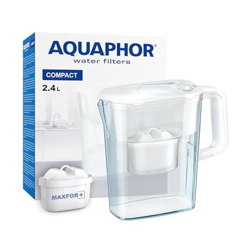 AQUAPHOR Wasserfilter Kanne Compact weiß inkl. 1 Maxfor+ Filter I Kunststoff Karaffe 2,4l I Reduziert Kalk, Chlor & Schwermetalle I Kompakter & leichter Wasserfilter I Passt in die Kühlschranktür