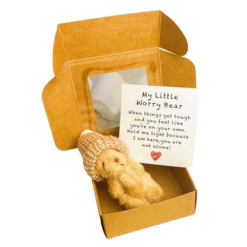 PLGEBR Kleiner Bär in Box, Sorgenbär, handgefertigter Mini-Plüschbär in Box mit inspirierender Karte, gehäkelte kleine Bären, Umarmung, positive Geschenke für Abschluss, Geburtstag, Schulanfang