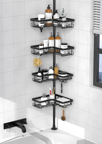 Kegii Teleskop Duschregal Teleskopregal Bad Duschablage Eckregal für Dusche und Badewanne Schwarz, 4 Stück - Teleskopregal Badezimmer Organizer
