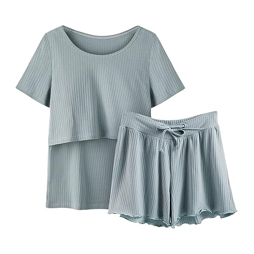 Nidddiv Pyjama Damen Mit Knopfleiste Pyjamas Ärmel Nachtwäsche Stillen Frauen Hemd und Set T Baby Mutterschaft Tops Kurze Hosen Mutterschaft Schlaf Kleidung Für Entbindung (Green, M)