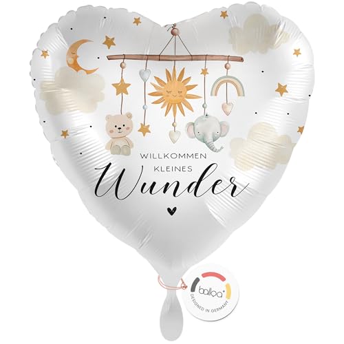 balloa Folienballon Willkommen kleines Wunder, Helium Ballon zur Geburt, Geschenkidee zur Babyshower und Babyparty, neutral mit Elefant und Sternen, Herzballon 33cm