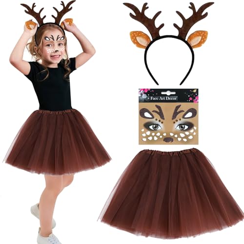 LXYYDS 3 Stück Kostüm Rentier Kinder, Rentier Haarreif mit Gesicht Aufkleber Tutu Rock, Rentier Kostüme für Mädchen, Rentier Kopfschmuck Kinder Mädchen, für Halloween Karneval Weihnachten Fasching