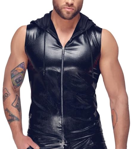 Manview Latex ähnliches Herren Oberteil - Herren Top mit Reissverschluss und Kapuze - Grösse L