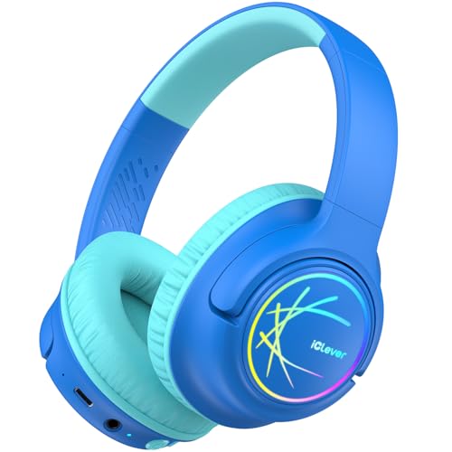 iClever Bluetooth Kopfhörer Kinder mit LED-Leuchten, 74/85dBA Lautstärkebegrenzung, 43 Stunden Spielzeit, Stereo-Sound, Typ-C, AUX-Kabel, Bluetooth5.3 Kinderkopfhörer für Tablet/Reisen