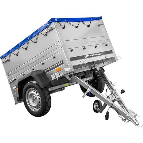 UNITRAILER Garden Trailer 150 Kipp PKW Anhänger – Hochwertiger Anhänger Aufbau : mit Zusätzlichen Bordwänden und Plane Anhänger 750 kg – Robuster Auto Anhänger, Autoanhänger mit kippbare Deichsel