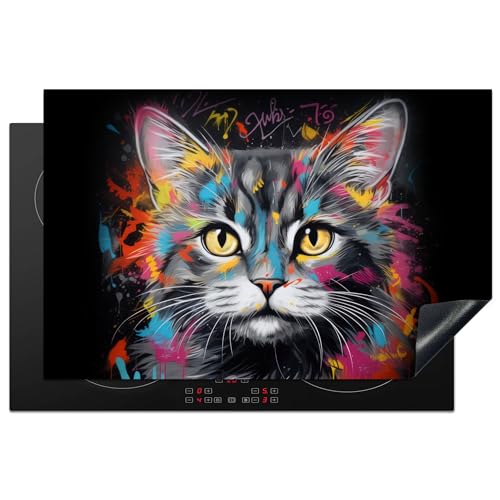 KitchenYeah© Herdabdeckplatte Induktion Schutzmatte Küche Herdabdeckung Ceranfeld Induktionsmatte Cerankochfeld Abdeckung Katze - Graffiti - Tiere - Farben - Grau - 80x52 cm
