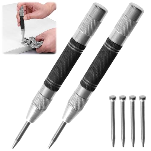 Körner, 2 Stück Automatik Körner Metall, Hochleistungs Körnerwerkzeug mit Einstellbarer Spannung und 4 Ersatzspitzen, Robuster Federbelasteter Körner für Metall, Glas, Holz, DIY-Kunst