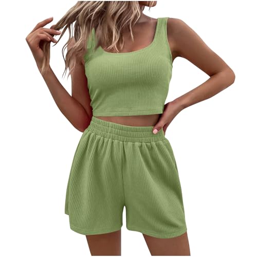 HXRYPG Gutscheine Damen Zweiteiler Sommer Outfits Sport Hosenanzug Casual Kleidung 2 Teiler Crop Tank Top und Shorts Y2K Aesthetic Clothes Workout Anzug Baumwolle Loungewear Set Grün M
