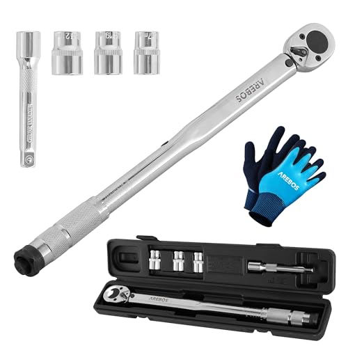 Arebos Drehmomentschlüssel 6 tlg. Set | 40-210Nm, 1/2'' Zoll | inkl. Stecknüsse 17, 19 und 21 mm, Verlängerung, Montagehandschuhe & Koffer | Toleranz +/- 4% | Reifenschlüssel Auto
