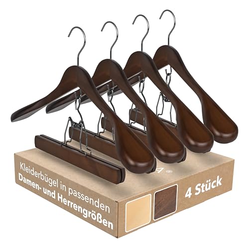 SUITS VIENNA® Kleiderbügel Anzug | 4 Stück | Set für Sakko und Hose | Anzug Kleiderbügel Massivholz rutschfest | Kleiderbügel breite Schulterauflage | Kleiderbügel breit (Herren - 45 cm, Standard)