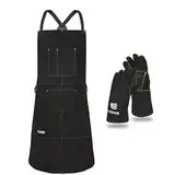 LeaSeek Schweißerschürze aus Leder,Hitzebeständige & Flammhemmende Schwere Arbeitsschürze mit 6 Taschen, 42" Extra Groß & Langer Riemen, Grill schürze Schwarz