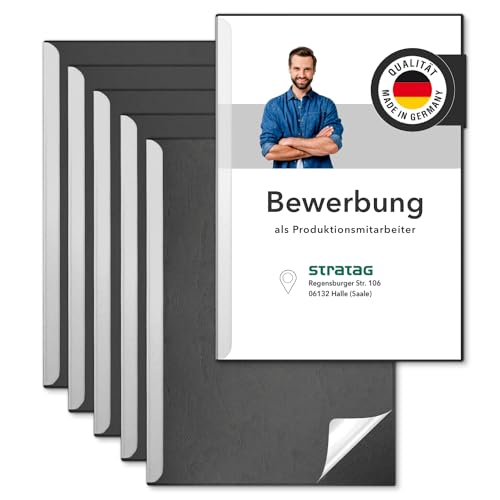 STRATAG Klemmschienen-Bewerbungsset Start Basic (Schwarz, 5 Stück) mit transparentem Deckel aus PP Kunststoff sowie Binderücken aus robustem 290 g/m² Karton Lederstruktur (5 Bewerbungsmappen Schwarz)