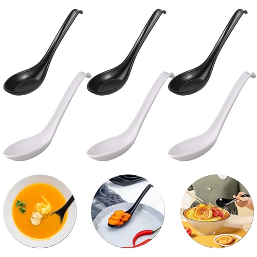 6 Stücke Reislöffel Chinesische, Weiß + Schwarz, 16.5 cm × 4.1 cm, Ramen Löffel für Reisnudeln, Ramen-Löffel mit langem Griff und Haken, Japanese Soup Spoons für Pho Wonton Ramen-Nudeln