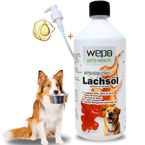 WEPO Premium Lachsöl 1l - Fischöl für Hunde & Lachsöl für Katzen - Salmon Oil for Cats & Dogs - Inkl. Pumpspender - Frisch produziert & Made in Germany!