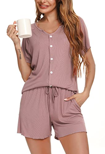 Vlazom Damen Schlafanzug Kurzarm Pyjama Set mit Knöpfe V-Ausschnitt Sleepwear Sommer Nachtwäsche(M,Stil B-Dunkelpink)