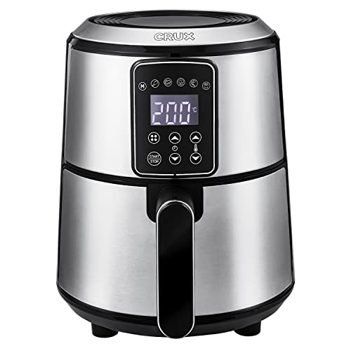 Crux 3 l digitale Heißluftfritteuse, schnelleres Vorheizen, ölfreies Frittieren, spülmaschinenfeste Antihaft-Pfanne und Bratgestell, Edelstahl