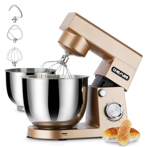 CHeflee Küchenmaschine 1500W Teigkneter mit 4,5 und 5,5L Edelstahlschüssel,10+P Geschwindigkeit Küchenmixer mit Rührhaken, Knethaken, Schneebesen und Spritzschutz （Gold）
