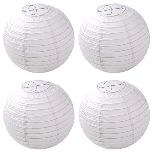 4er weiße Lampions Papier Laterne Ø 20cm 8" rund Ballform Lampenschirm,Bamboo Style Gerippter Lampenschirm Deko für Party Garten Hochzeit Dekoration