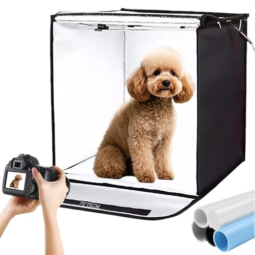 Fotobox Set 75x75x75CM, Faltbare Fotostudio,5500K Dimmbare Lichtzelt Set mit 4 Lichtpaneele und 5 PVC-Hintergrundfolien, Lichtbox für Produktfotografie, Fotobox für Schmuck
