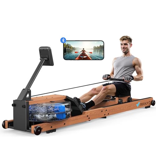 MERACH Wasser Rudergerät Holz Klappbar, Gummibaummaterial & komfortabler Sitz, mit exklusiver APP mit interaktiven Karten Spiel, immersives Rudererlebnis, Ideal für Heimfitness