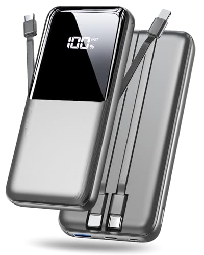 Power Bank 15000mAh, Tragbares Ladegerät mit integrierten Kabeln, 3 Anschlüssen USB C Schnellladung Powerbank Externer Akku Kompatibel mit iPhone 16 15 14 13 Android und mehr, Grau