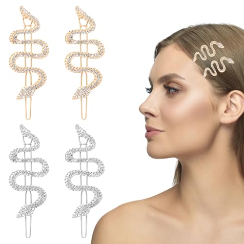 4 Stück Schlangen Haarnadeln Glod Schlangen Schmuck Haarspange Silber Vintage Glitzer Strass Haarspangen Kristall Kopfschmuck Damen Glitzernde Haarnadel Accessoires für Frauen und Mädchen