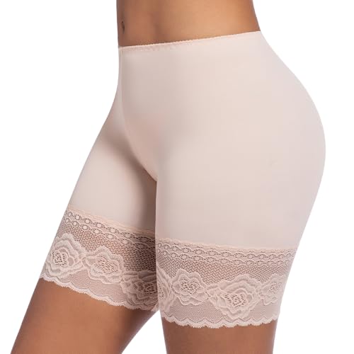 ONEW Unterhosen Damen Unter Rock Kurze Hose Anti Scheuer Radlerhose für Kleid Anti Chafing Spitzen Slip Shorts Atmungsaktive Panty Unterwäsche Beige M