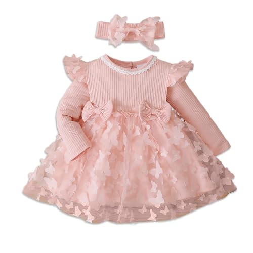 PATPAT Baby Mädchen Kleid Langarm Tutu Kleid Kleinkind Mädchen Tüllkleid Blumenmädchen Weihnachtsfeier Geburtstagsprinzessin Kleider Hellrosa 12-18 Monate