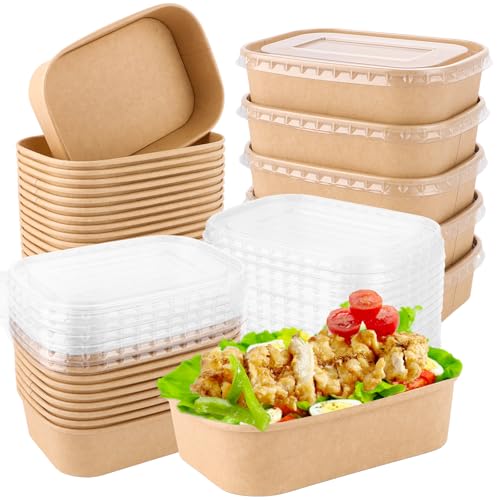 LDHHYH 50 Stück Kraftpapier Schale, 500ML Take Away Kraftpapier Box, 171x120x43MM Essen Verpackung Einweg mit Deckel, Braun Take aAway Boxen, Mehrweg Schüsseln für Essen zum Mitnehmen, Arbeitsessen
