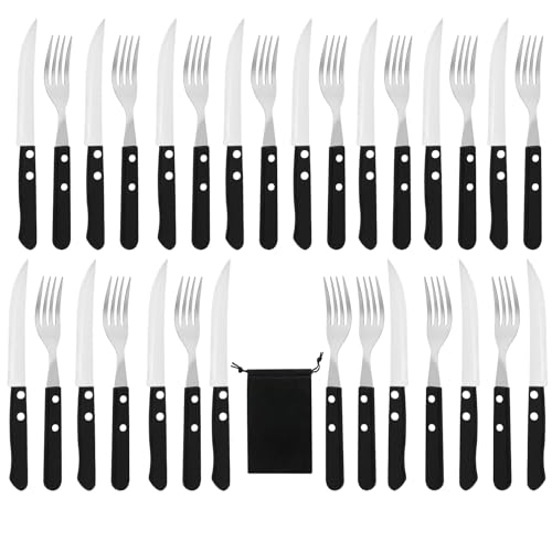 LEKEFETO 30 teilig Steakbesteck, Besteck Set für 15 Personen, Steakmesser set, Messer und Gabel Set, Steakmesser und Steakgabeln, Stahl Steakbesteck, Besteck für Steak (Schwarz)