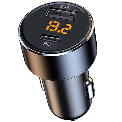 30W PD USB C Auto Ladegerät mit 18W USB-A Schnellladung & LED Spannungsanzeige – Kompakter Zigarettenanzünder-Adapter für iPhone, Samsung, Tablets (12V/24V)