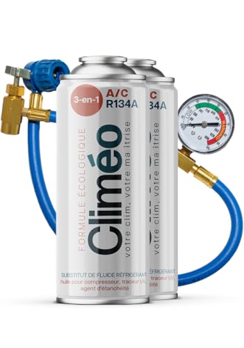 Climéo 3-in-1 2x400 ml mit Schlauch und Manometer – umweltfreundlicher Ersatz für R134a/R12 Kältemittel & Dichtmittel | Selbstständiger Klimaanlagenservice