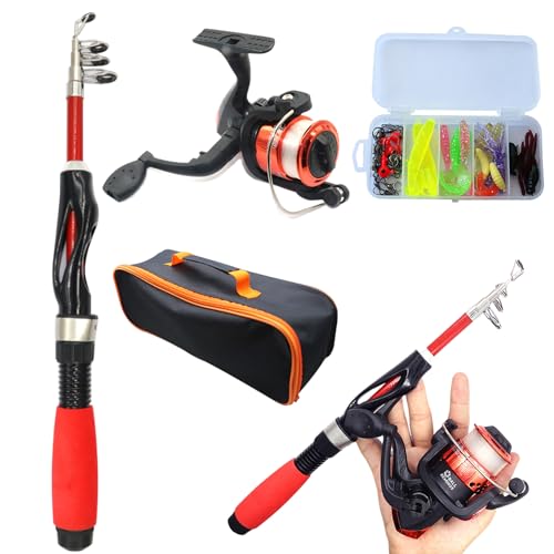 Jeorywoet Kids Stange 4pcs/Set Teleskop tragbarer Mini -Kinder Angelruten Starter Set Keramikführer Ringfaser -Köder -Köderfischereisen für Anfänger, Rot, Angelset