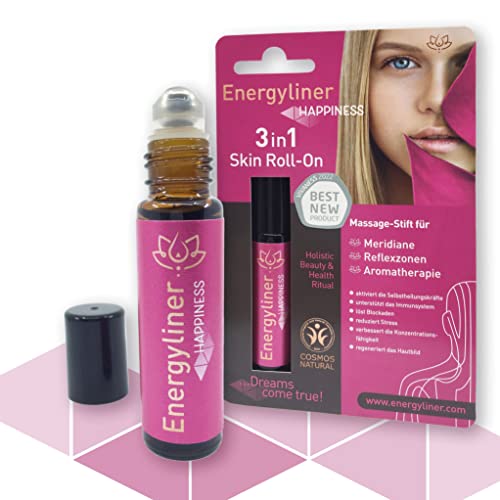 Energyliner HAPPINESS Soforthilfe bei Konzentrationsproblemen (VEGANE ZERTIFIZIERTE NATURKOSMETIK) Massageroller mit ausführlicher Anwenderbroschüre und hochwertigsten ayurvedischen Ölkombinationen,