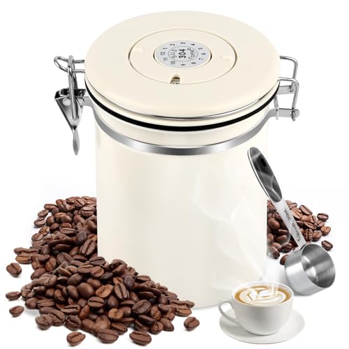 Luftdichte Edelstahl Kaffeedose, Vakuum Kaffeedose, 1,8 L KaffeebohnenbehäLter Mit EdelstahllöFfel Und Zeiterfassungsaufbewahrung, für Tee NüSse Kakao LäNger -Weiß