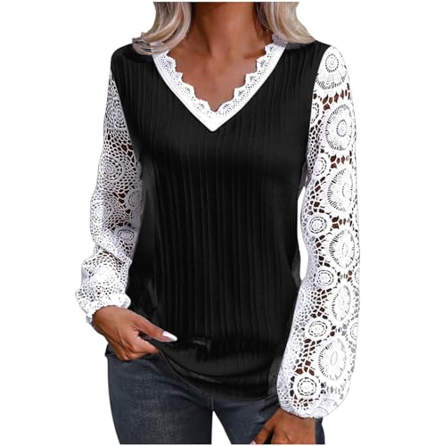 Langarmshirt Damen Trendige Plissee Oberteile Ausgehöhlter Blumenstickerei Pullover Bluse mit Knopfleiste Tops V-Ausschnitt Langen Ärmeln Pulli Shirt Regular Fit Blusentops Elegant Partywear