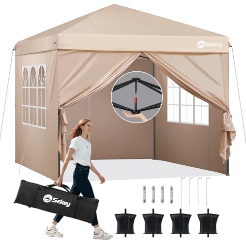 Sekey One-Touch Pop Up Pavillon 3x3 Wasserdicht Stabil Winterfest mit Seitenteile, Faltpavillon 3x3m mit Verdickten Röhren, Partyzelt Pavillion Klappbar für Camping Festival Party, Kahki